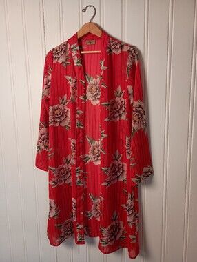 Jorja- Red Floral Kimono Duster with Pink Floral Print- Size M